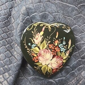 Wooden Tole Painted Heart Brooch in Black with Floral Sprig Handmade Signed